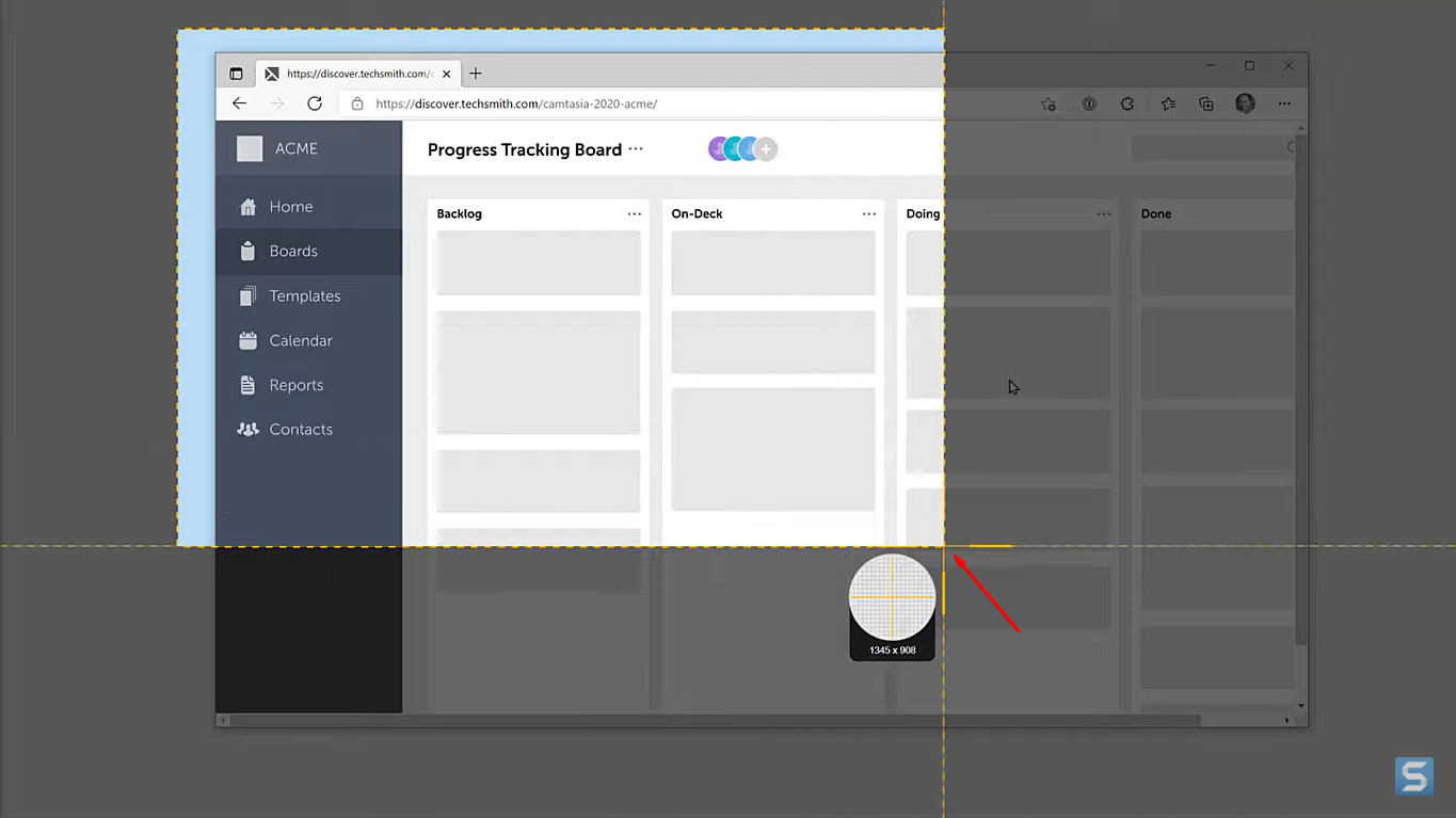 Selecting the recording area in the Snagit screen recorder