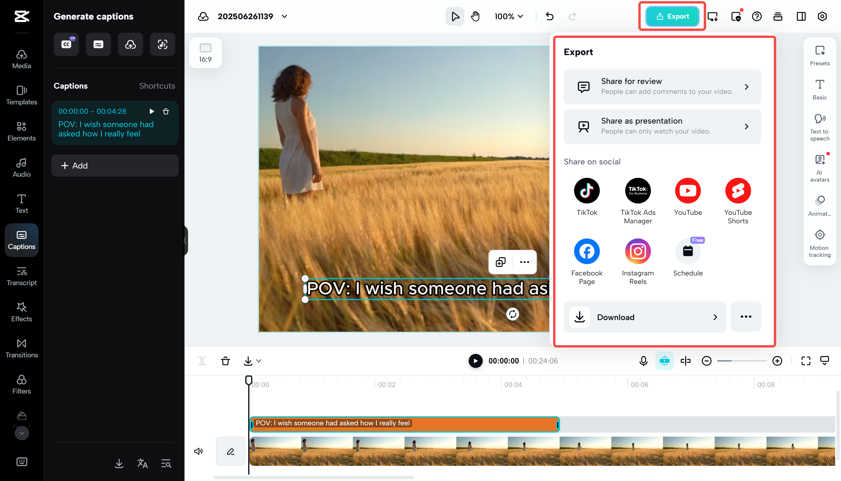 การส่งออกวิดีโอจาก CapCut Web