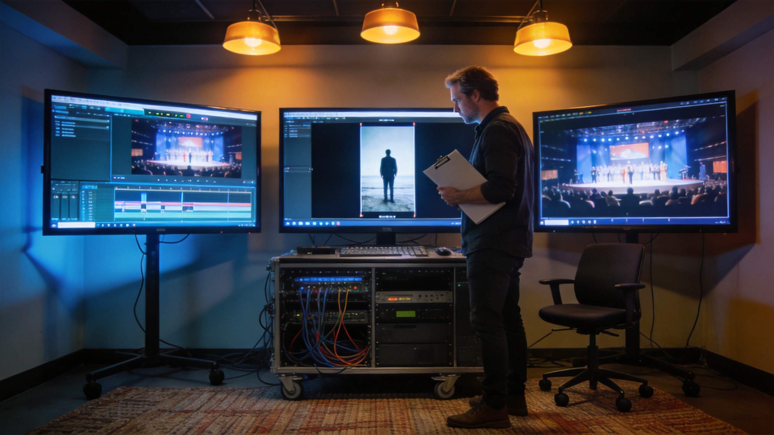 Man reviews video editing screens in a studio control room