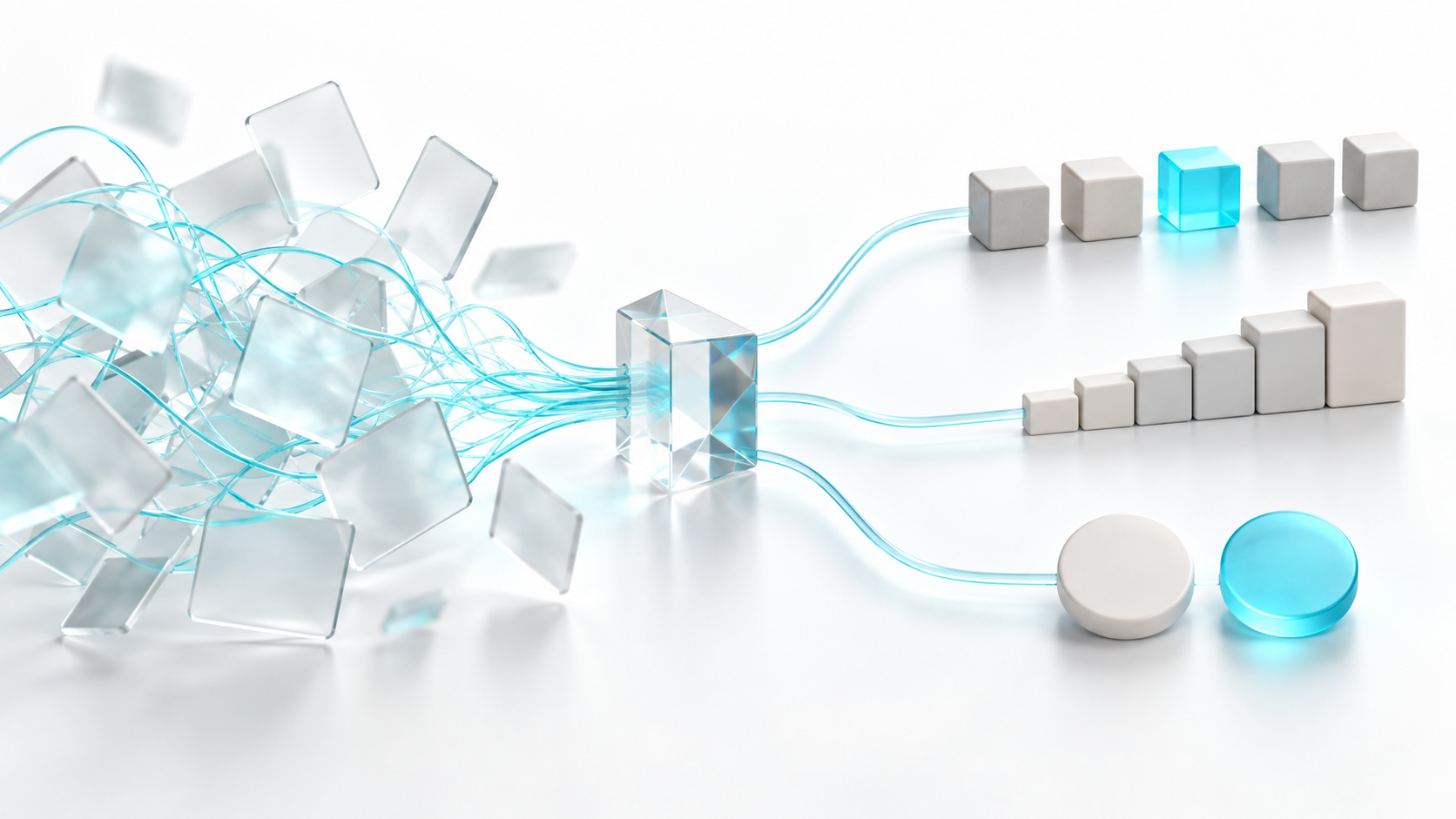 Frosted glass cards and cyan filaments resolve into three orderly geometric decision paths on a white background