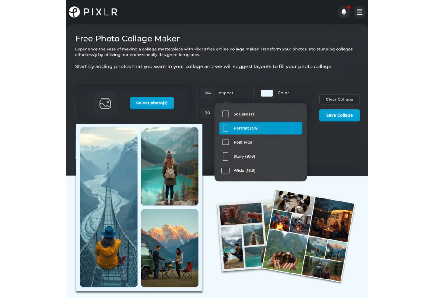 Interface of Pixlr collage maker