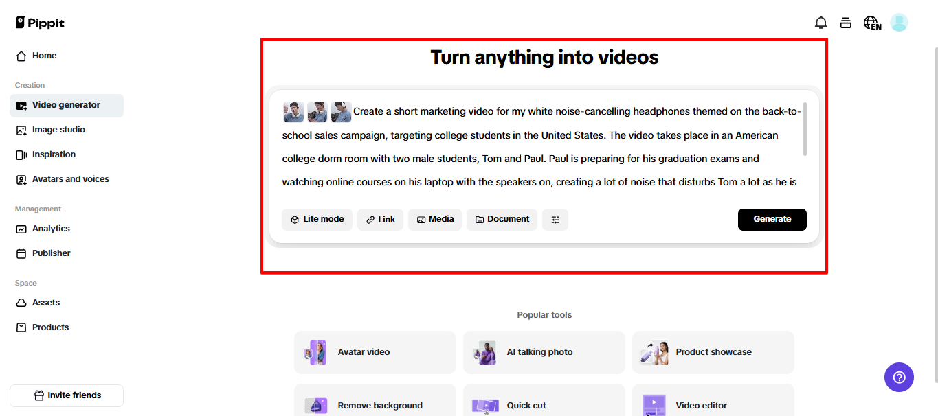 Generating video in Pippit