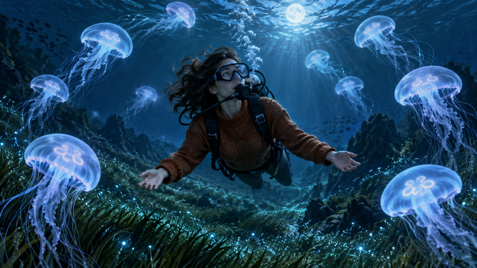 video virale del mare profondo: Moonlit Jellyfish Meadow