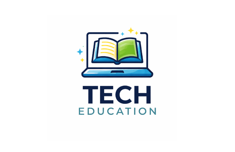 Tech-inspired education logo combining laptop and book
