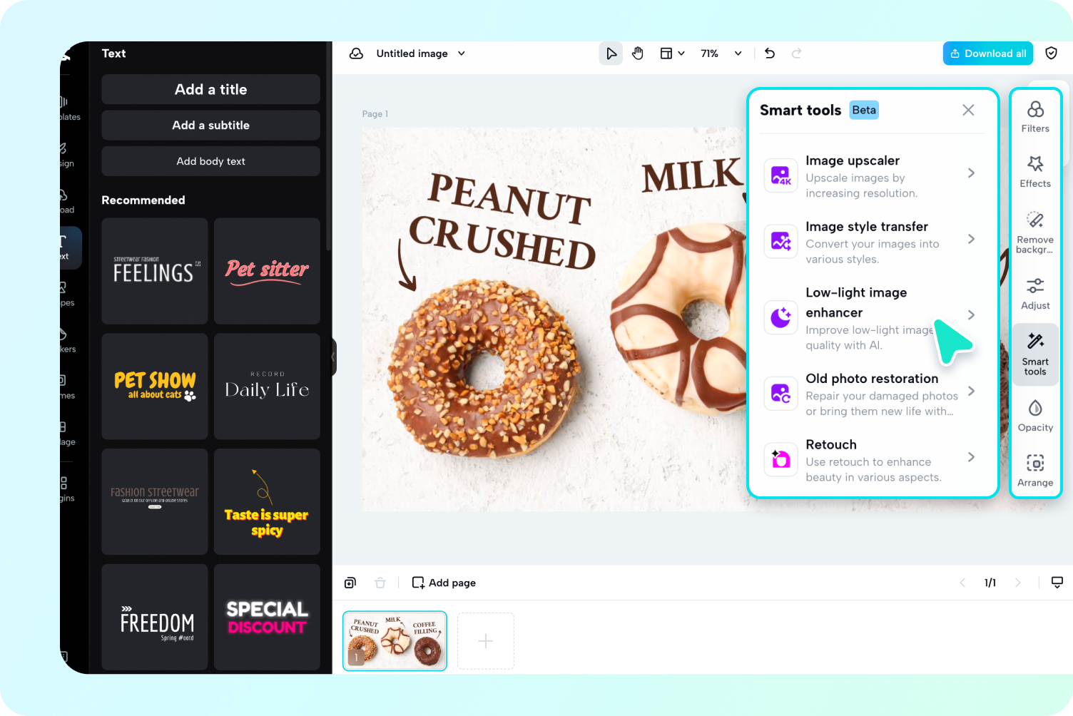 description=Pippit's image editor interface. An image is shown in the center, and the 'Smart Tools' panel on the right highlights the 'Image Upscaler', 'Retouch', and 'Low-Light Image Enhancer' options.