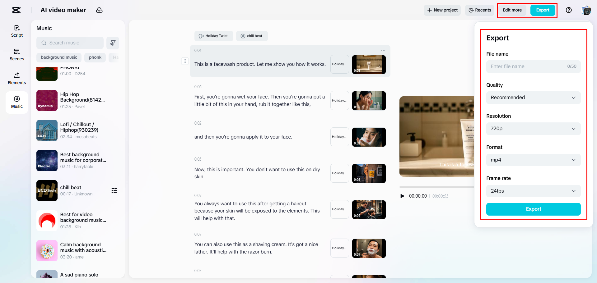 Exportieren eines Videos aus CapCut Web