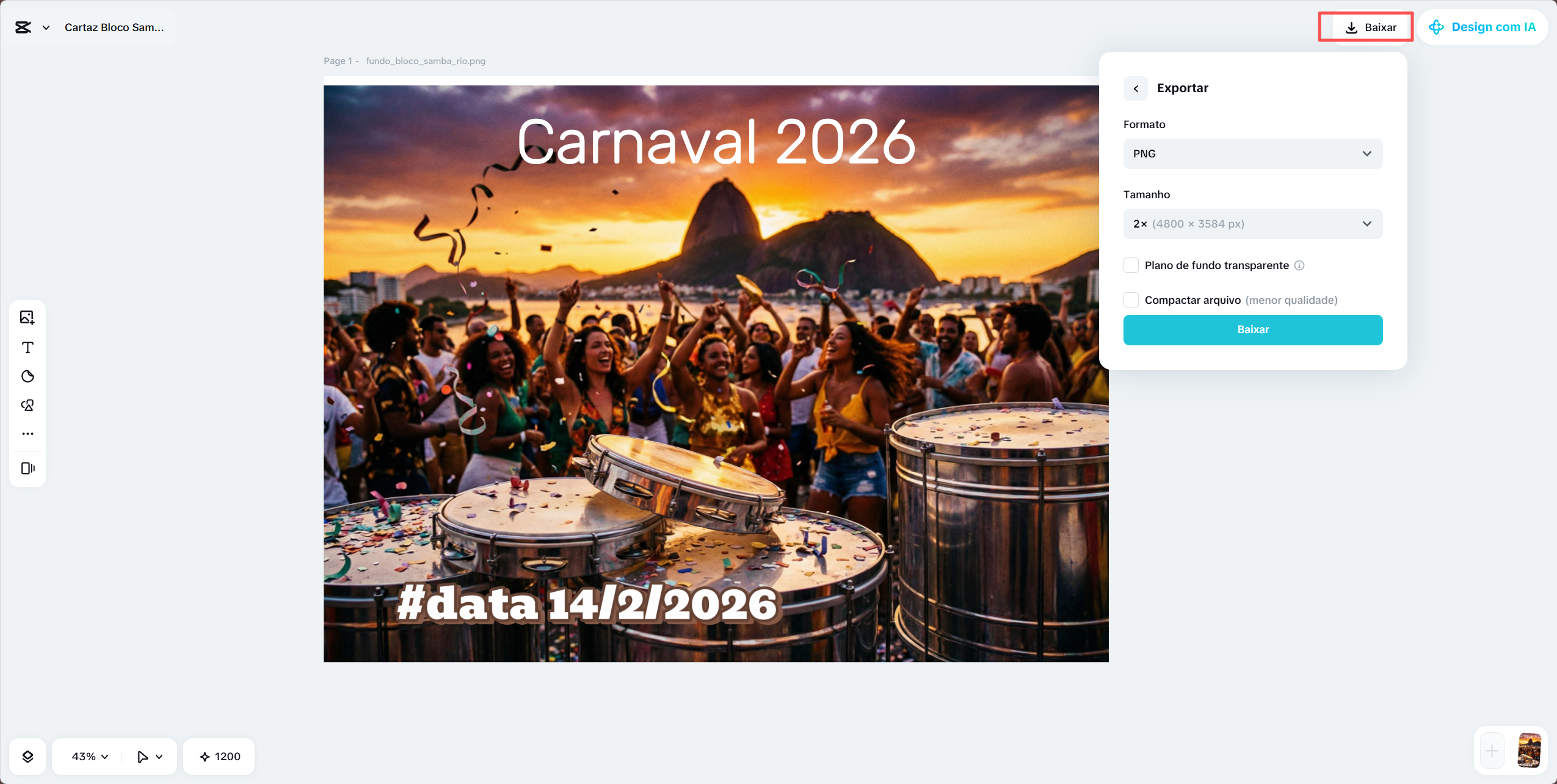 Clique em Exportar para exportar o seu cartaz de Carnaval.