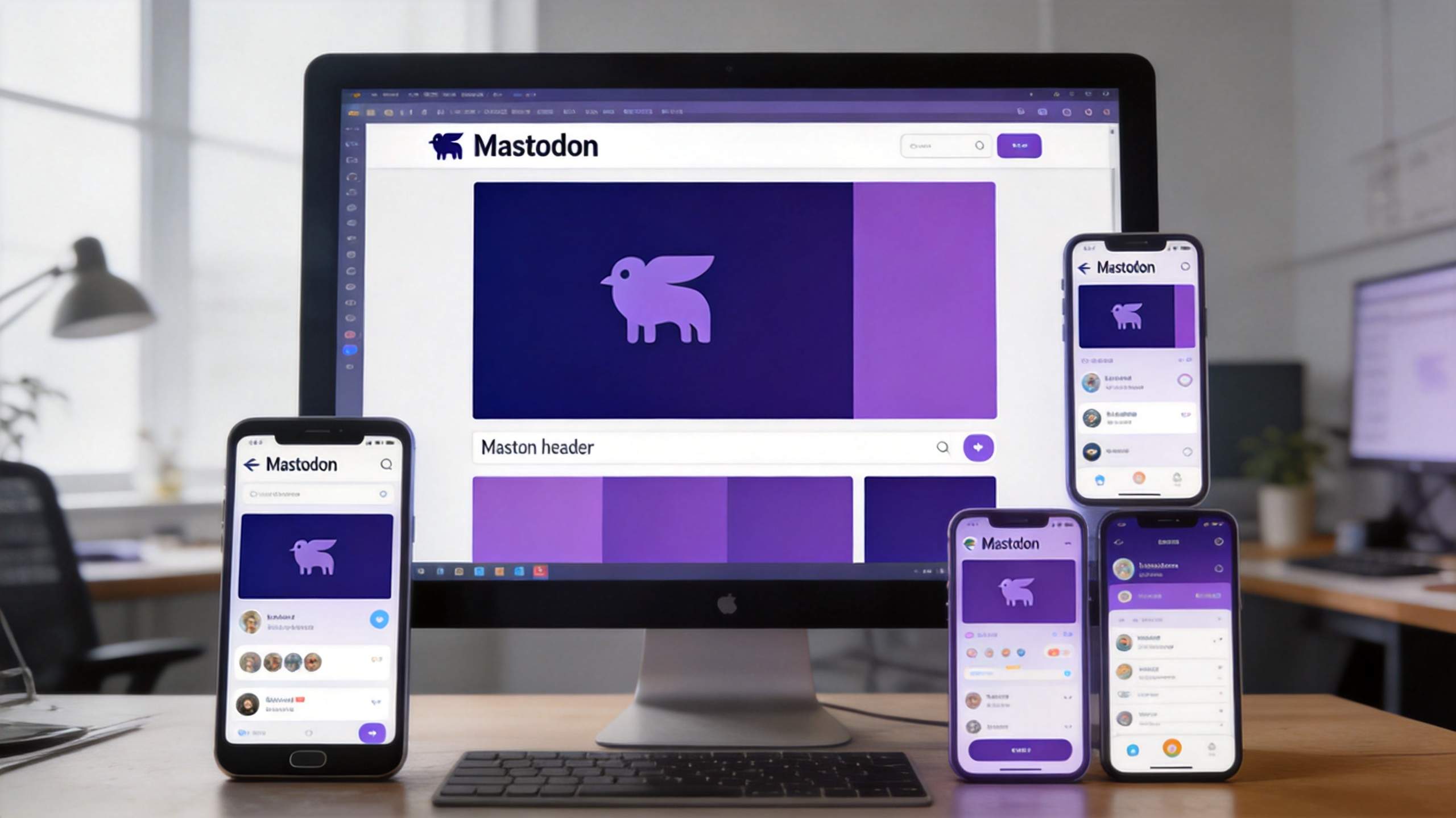 Mastodon profile header mockup shown on desktop and four phones in purple branding.