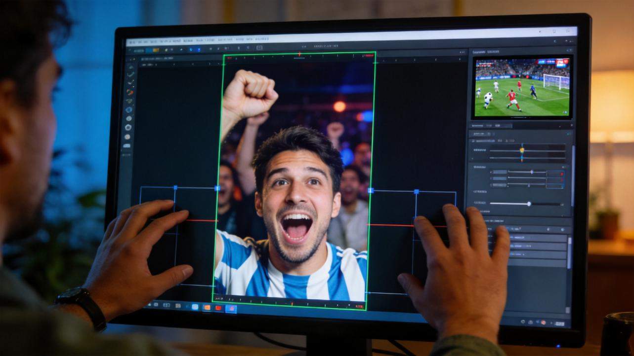 Person editing a vertical soccer celebration clip on a desktop video editor