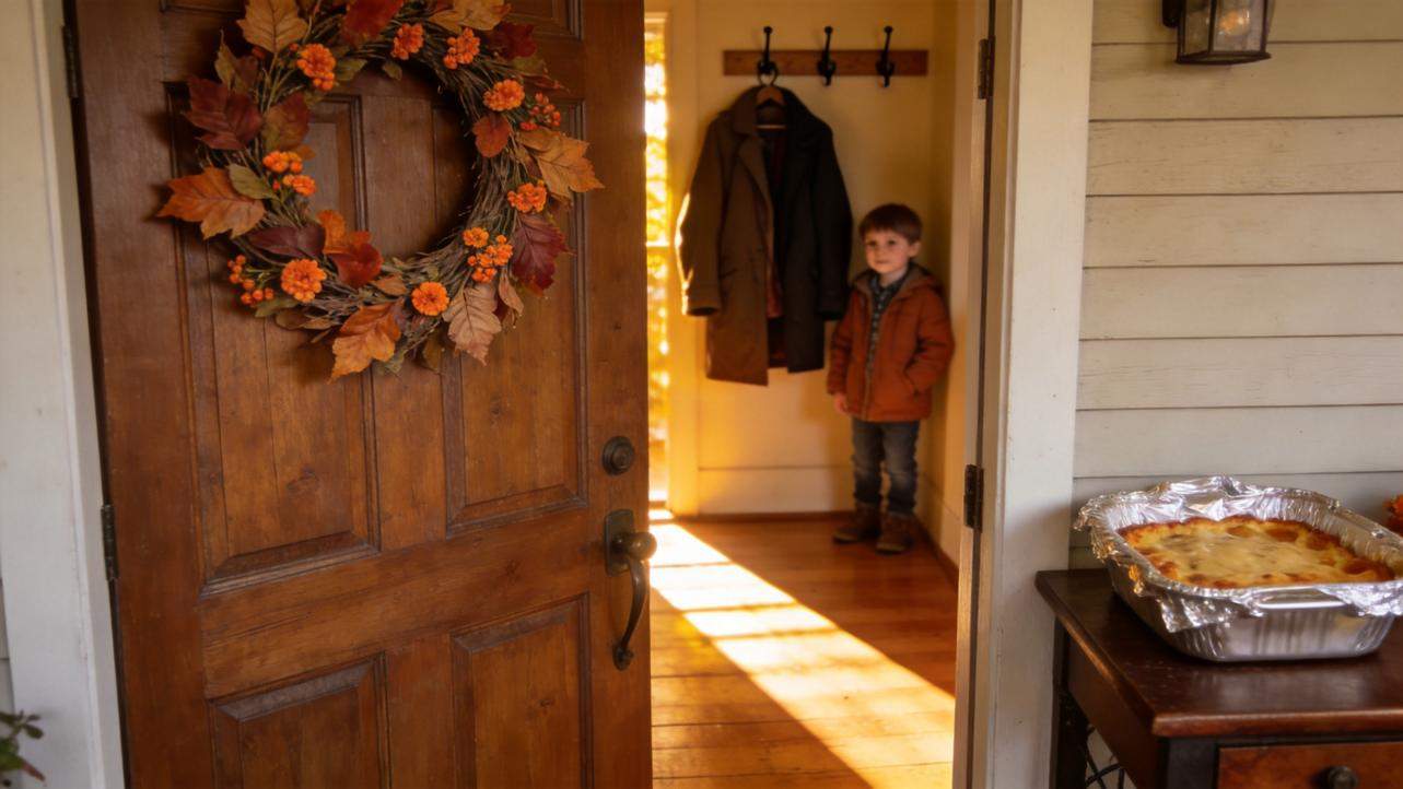 Front door with fall wreath, child in the entryway, and a foil casserole on a side table