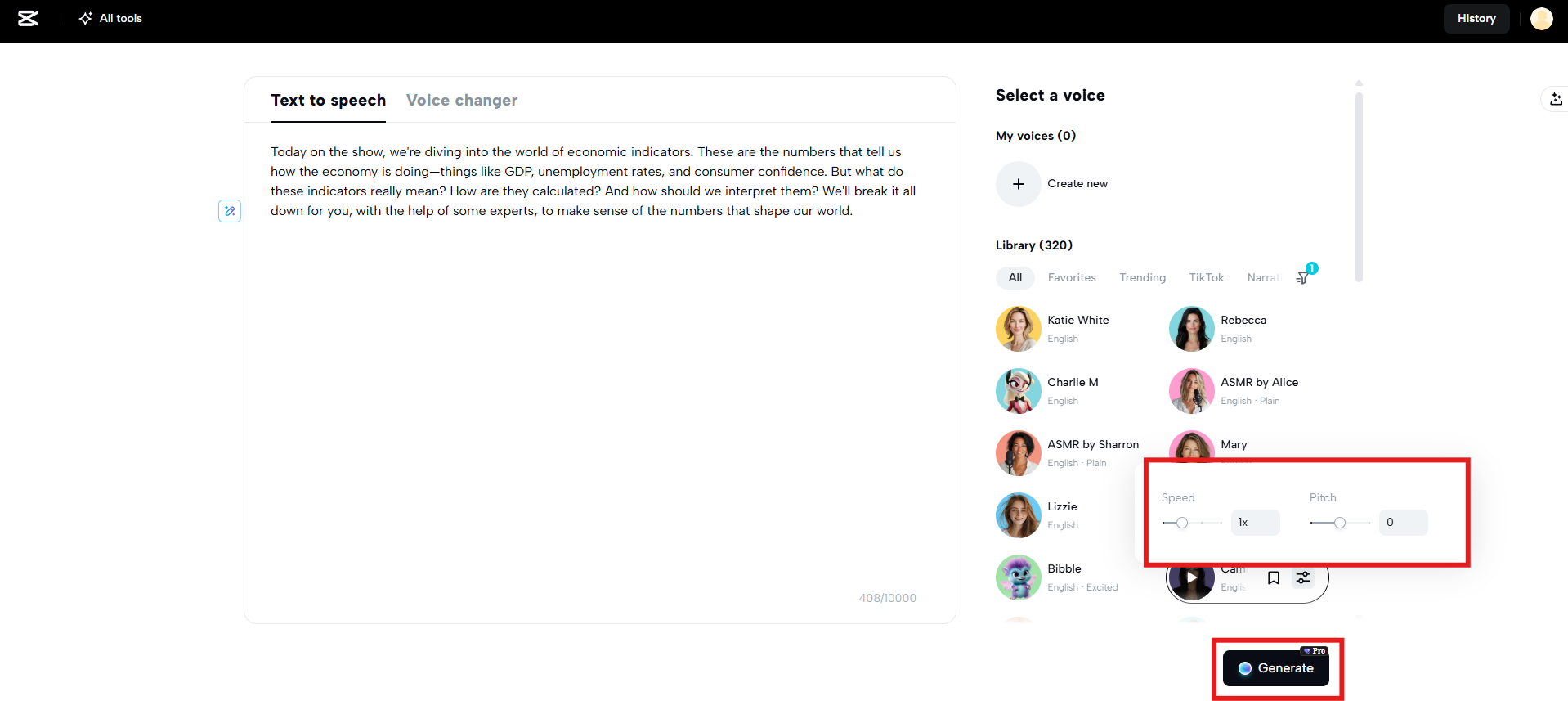 Adjust settings and generate