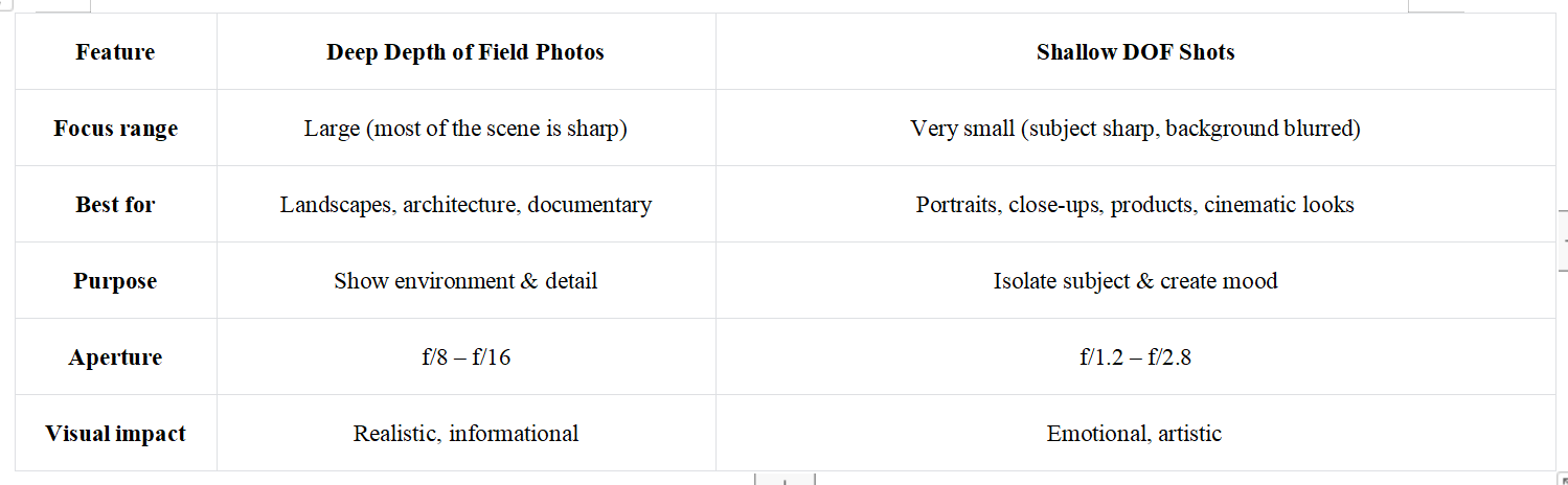 depth of field photos vs. shallow depth of field shots