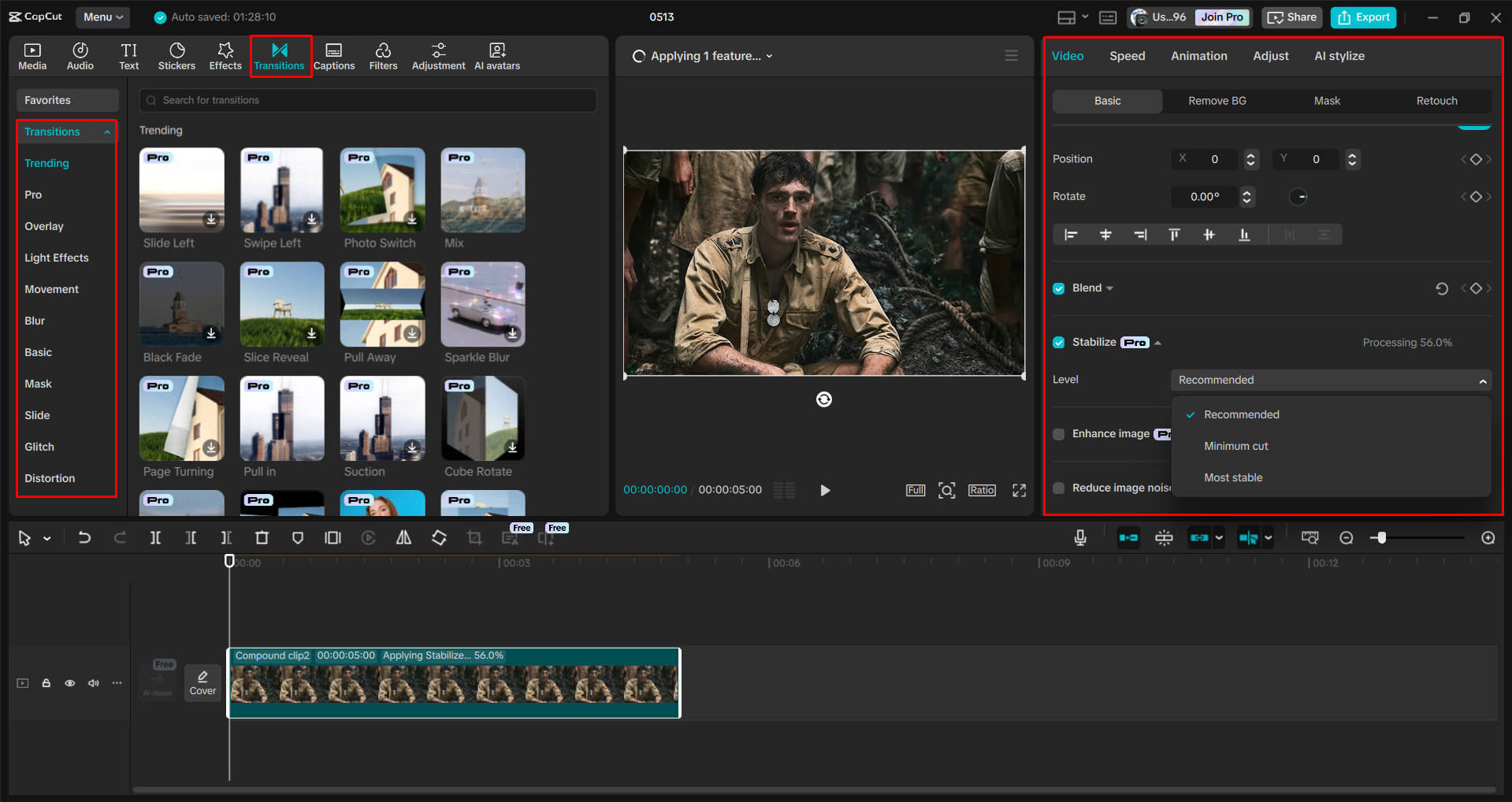 Adding dynamic transitions and stabilizing boom shots in the CapCut desktop video editor