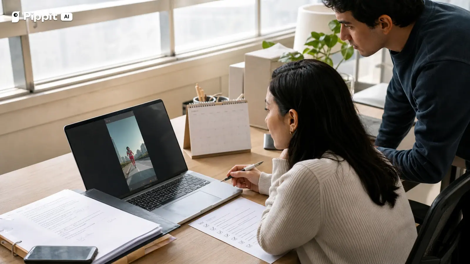 A producer checks a final social video, approval documents, and the campaign calendar before release.
