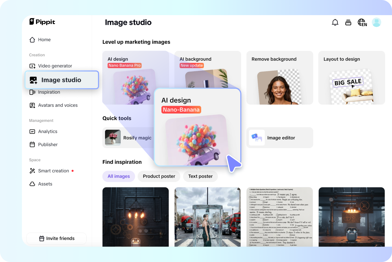 επιλέξτε το εργαλείο σχεδίασης pippit AI
