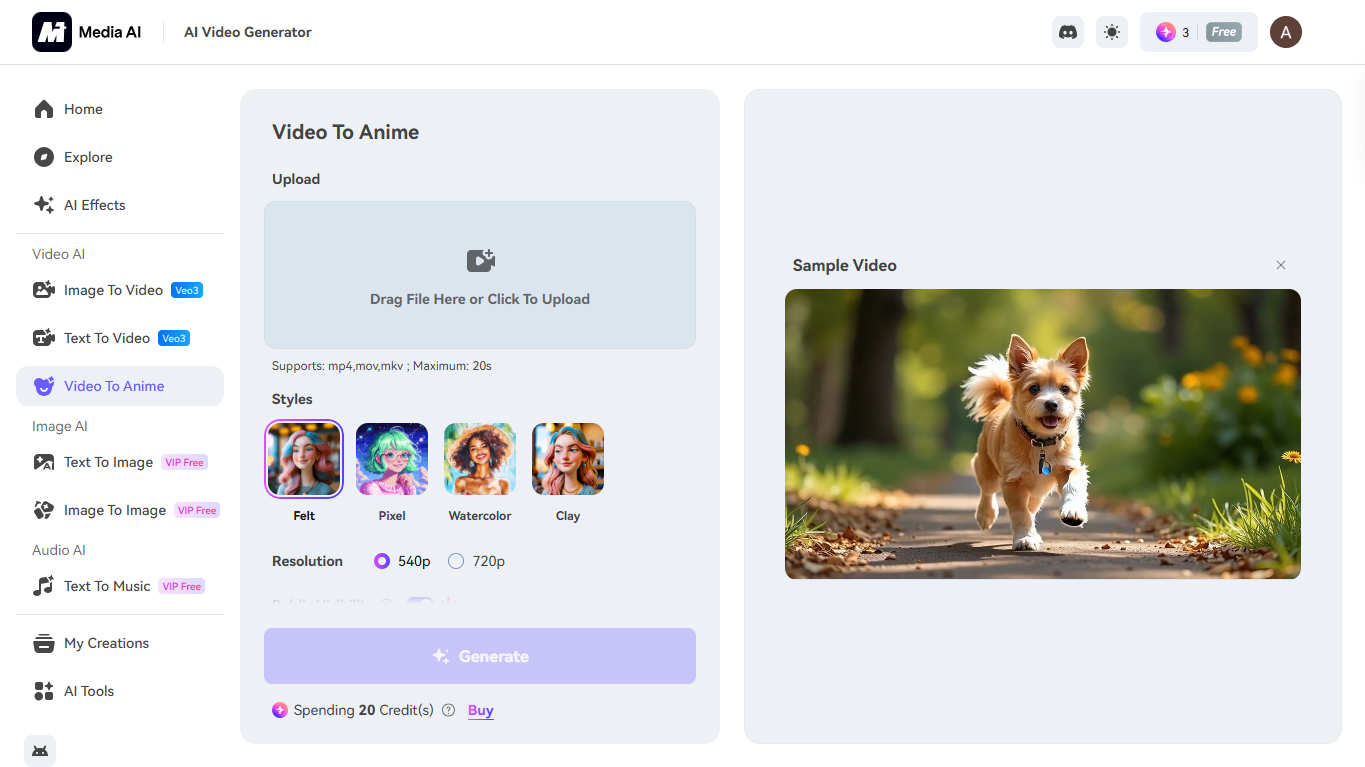 Benutzeroberfläche von Media.io – ein benutzerfreundlicher KI-Video-Cartoonizer