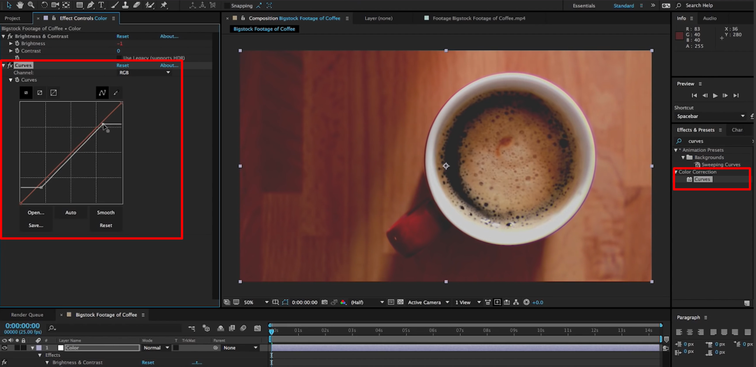Adding an adjustment layer for color grading for a vintage effect in After Effects
