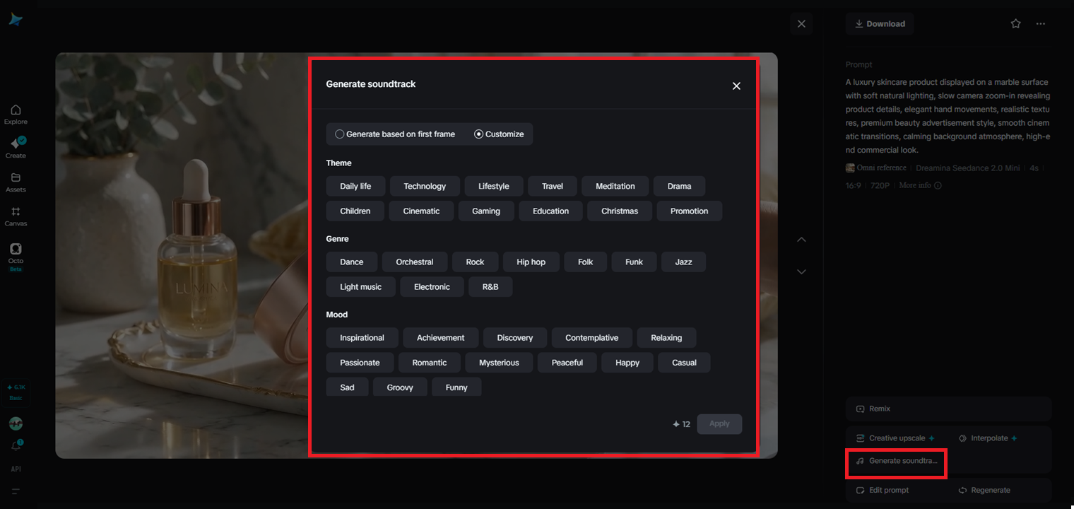 Generate soundtrack feature in Dremina