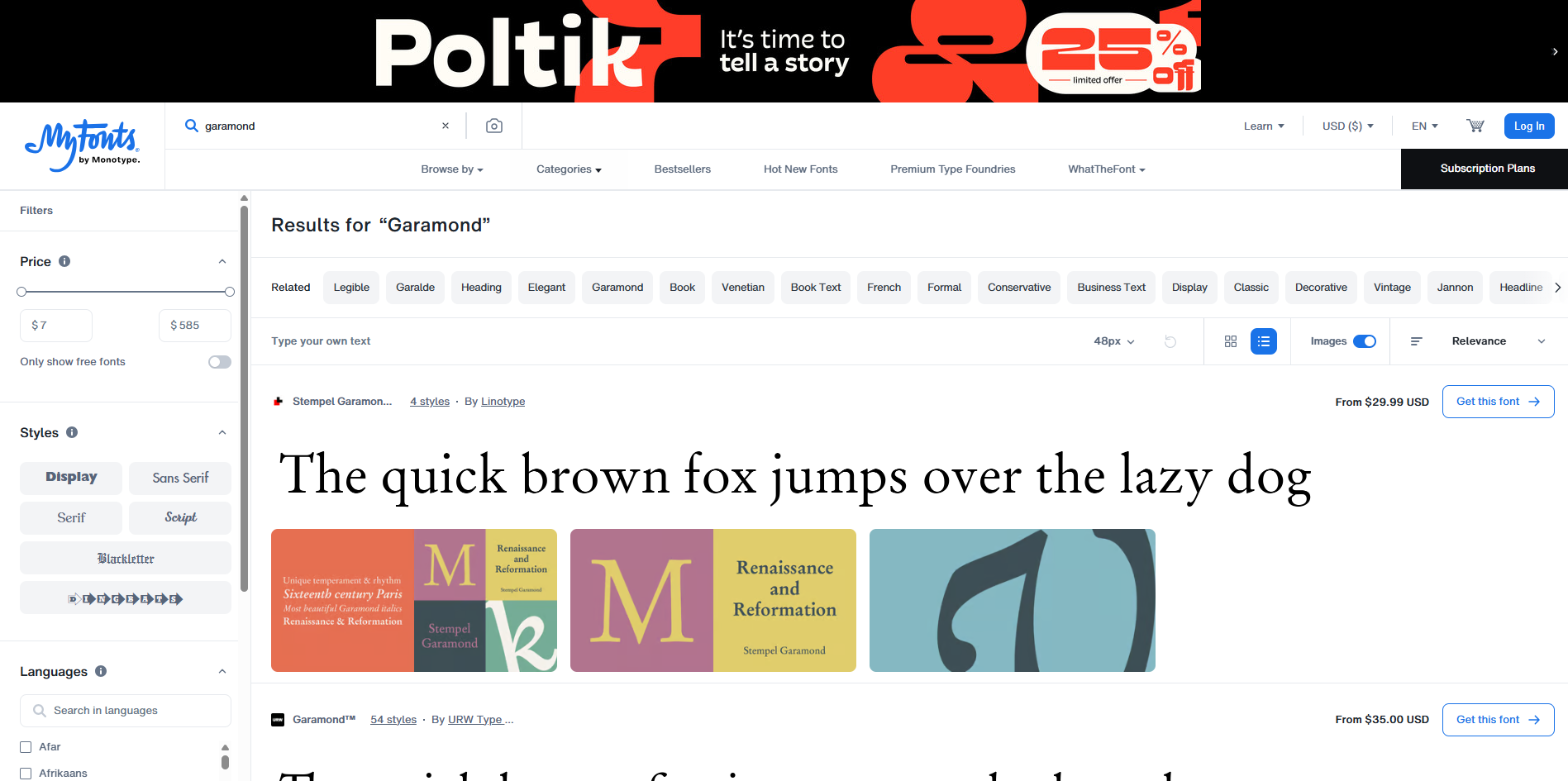 Interface of MyFonts - the best place to get Garamond fonts