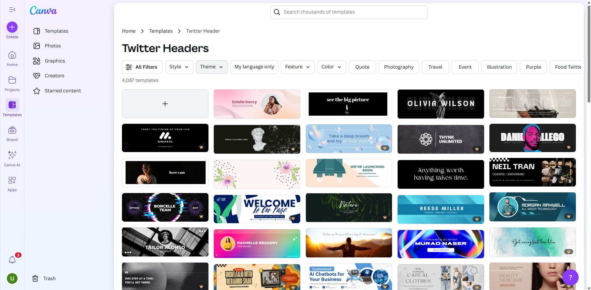 Interface of Canva - an efficient tool to edit Twitter header images