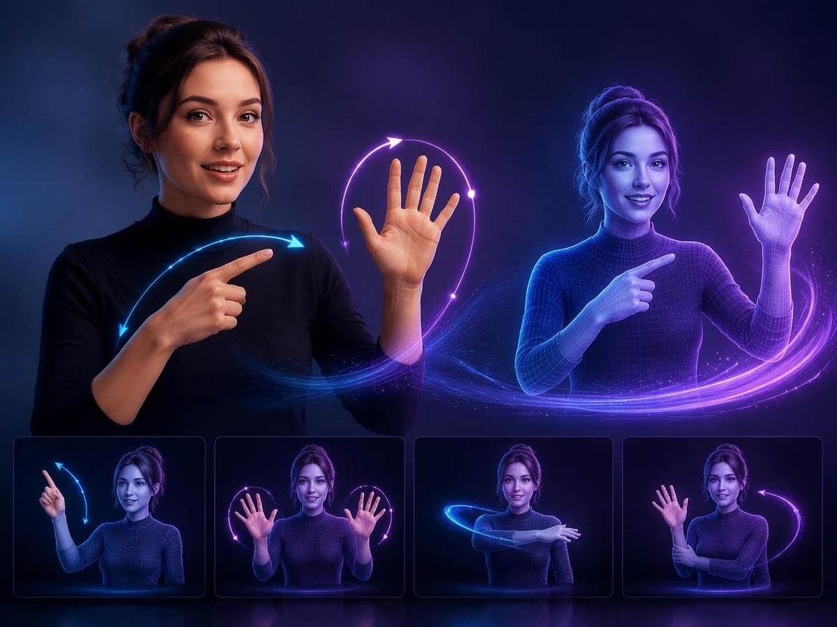Hand Geste Bewegung Übertragung AI prompt Abdeckung 1 in 4: 3