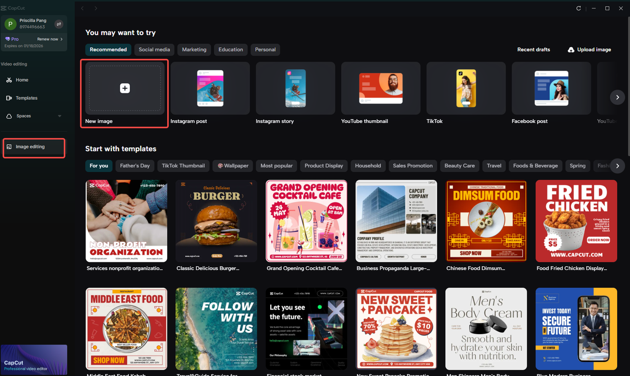 Accessing the Image editing option in CapCut