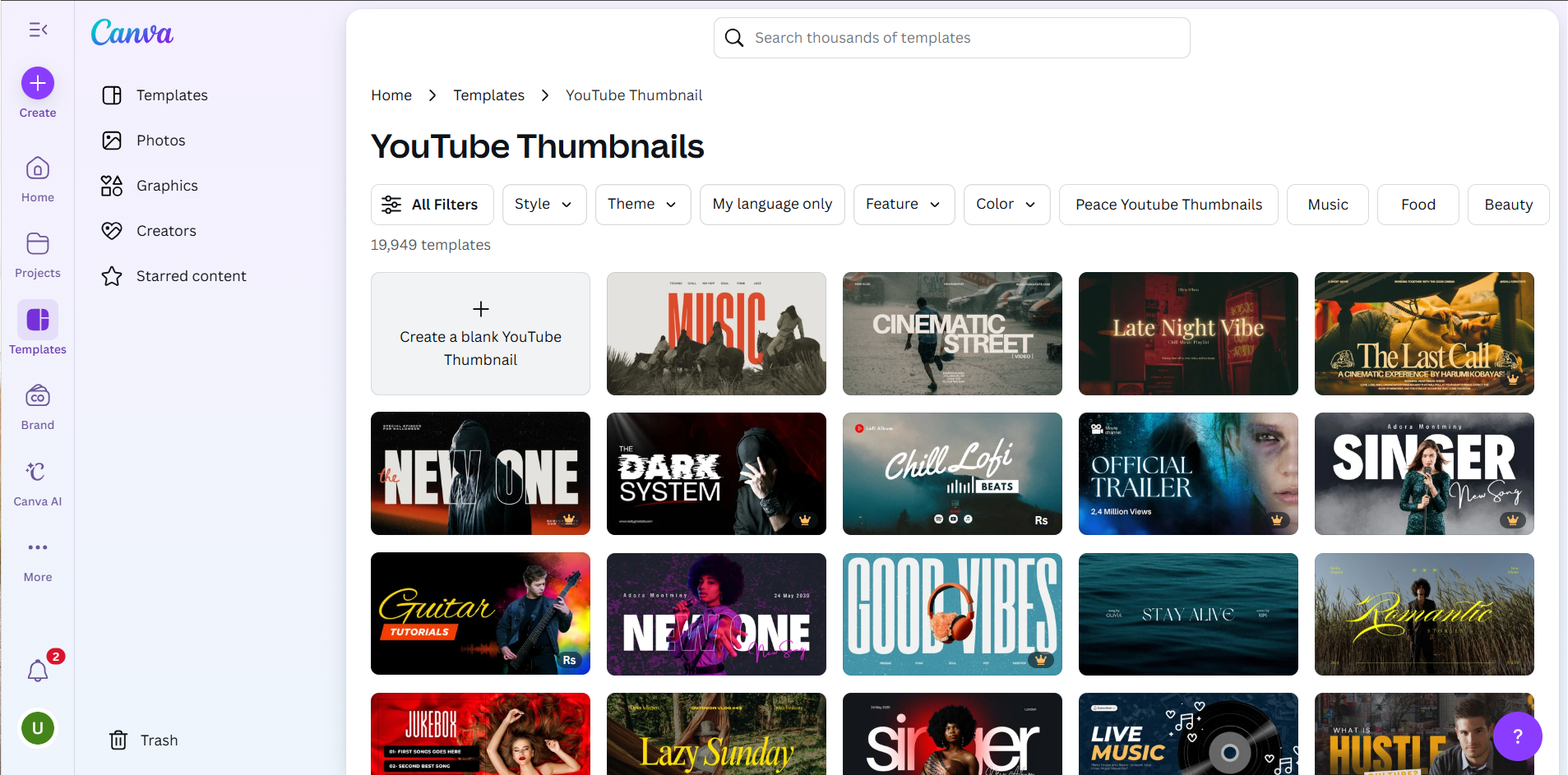 Interface of Canva - an online tool to customize YouTube thumbnail backgrounds