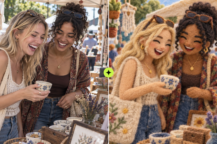 Felt-style transformation adds tactile character to a candid market photo