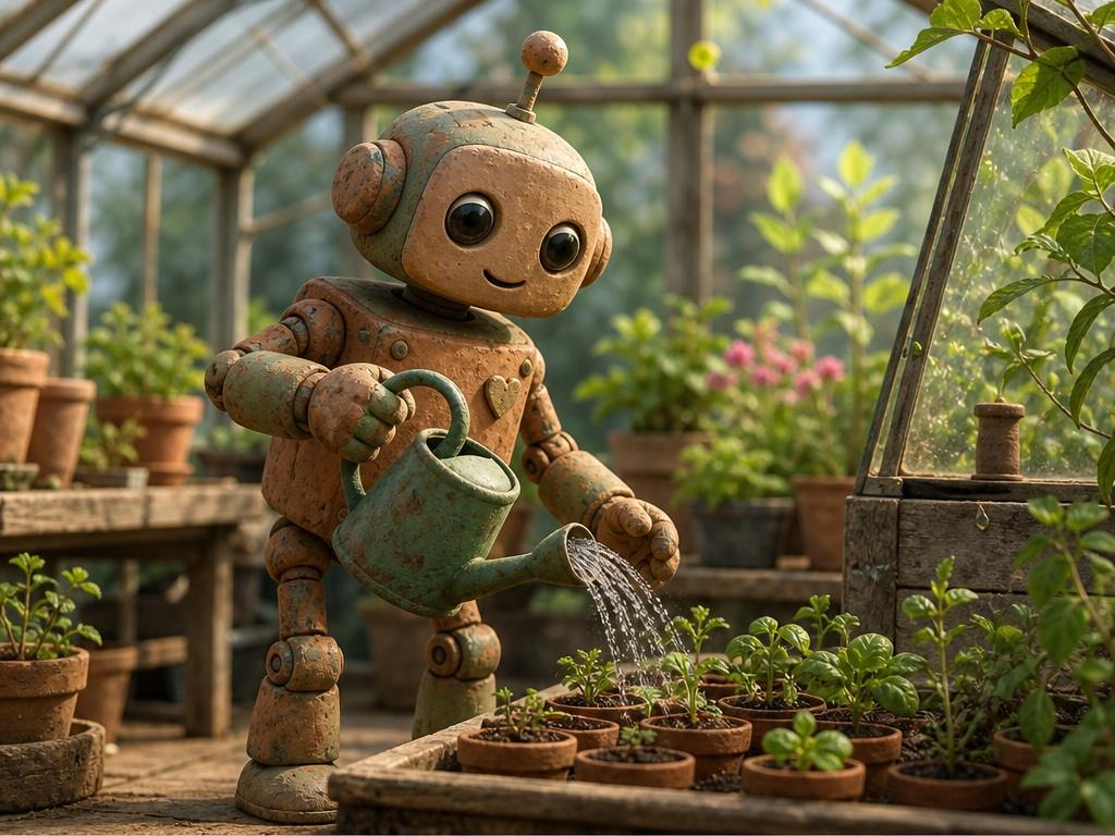 Morphischer Text-zu-Bild-KI-Generator Alternatives Prompt-Beispiel 5 - Lehm-Roboter-Gewächshaus
