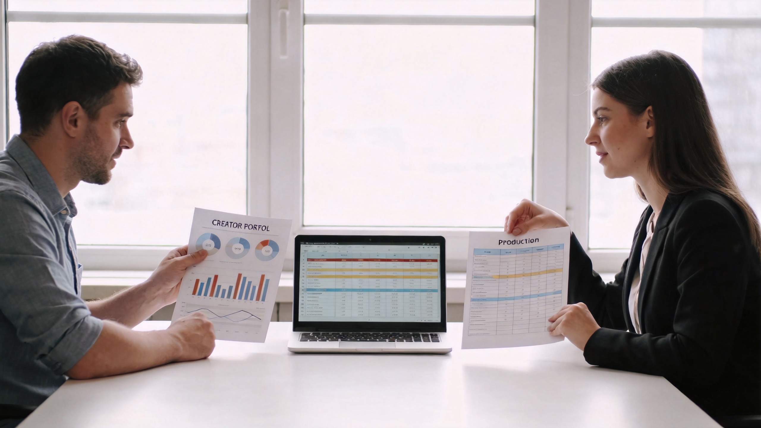 Two coworkers compare printed charts beside a laptop on a table