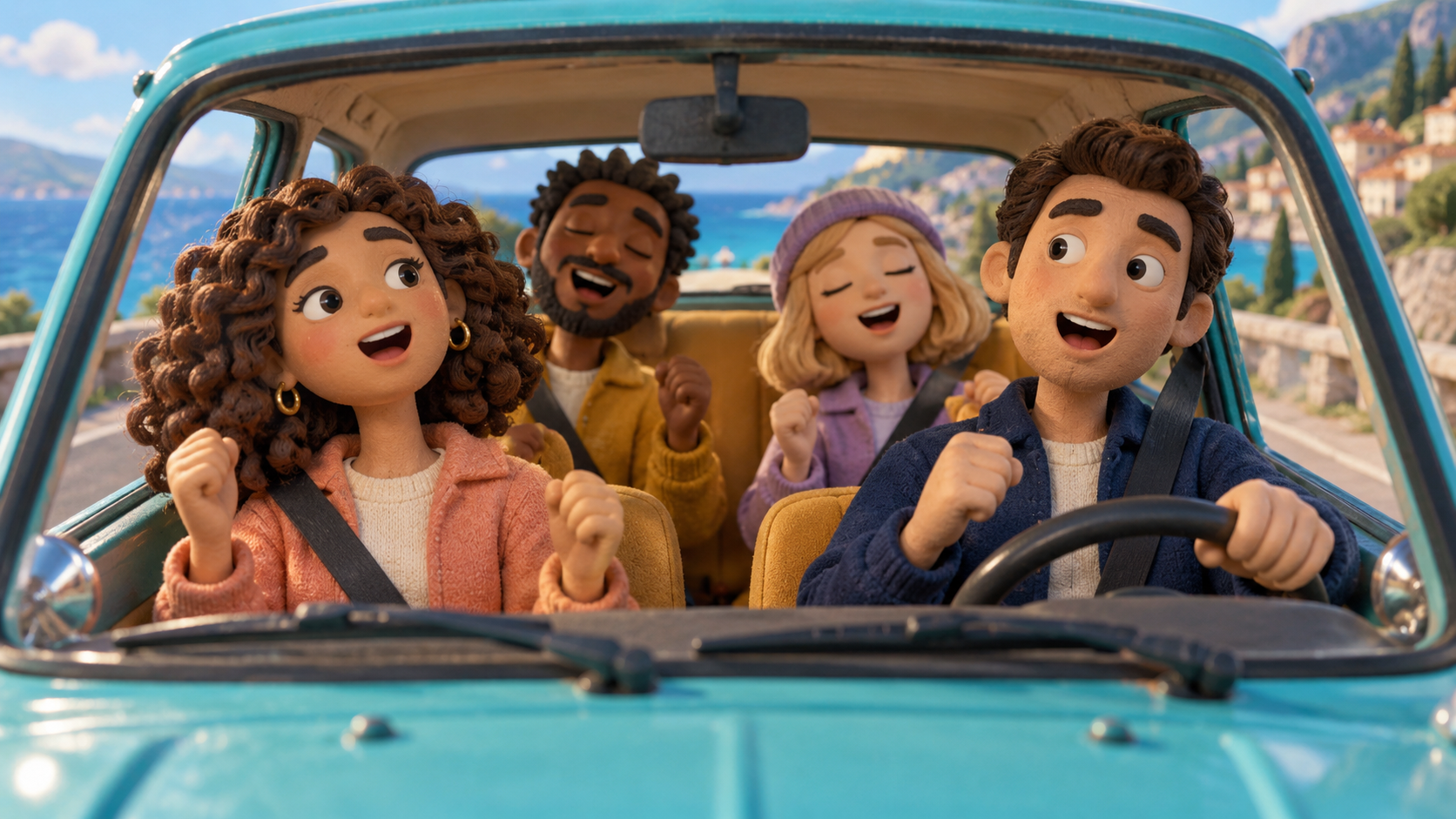 Concepto de karaoke de marionetas hecho a mano en un coche turquesa