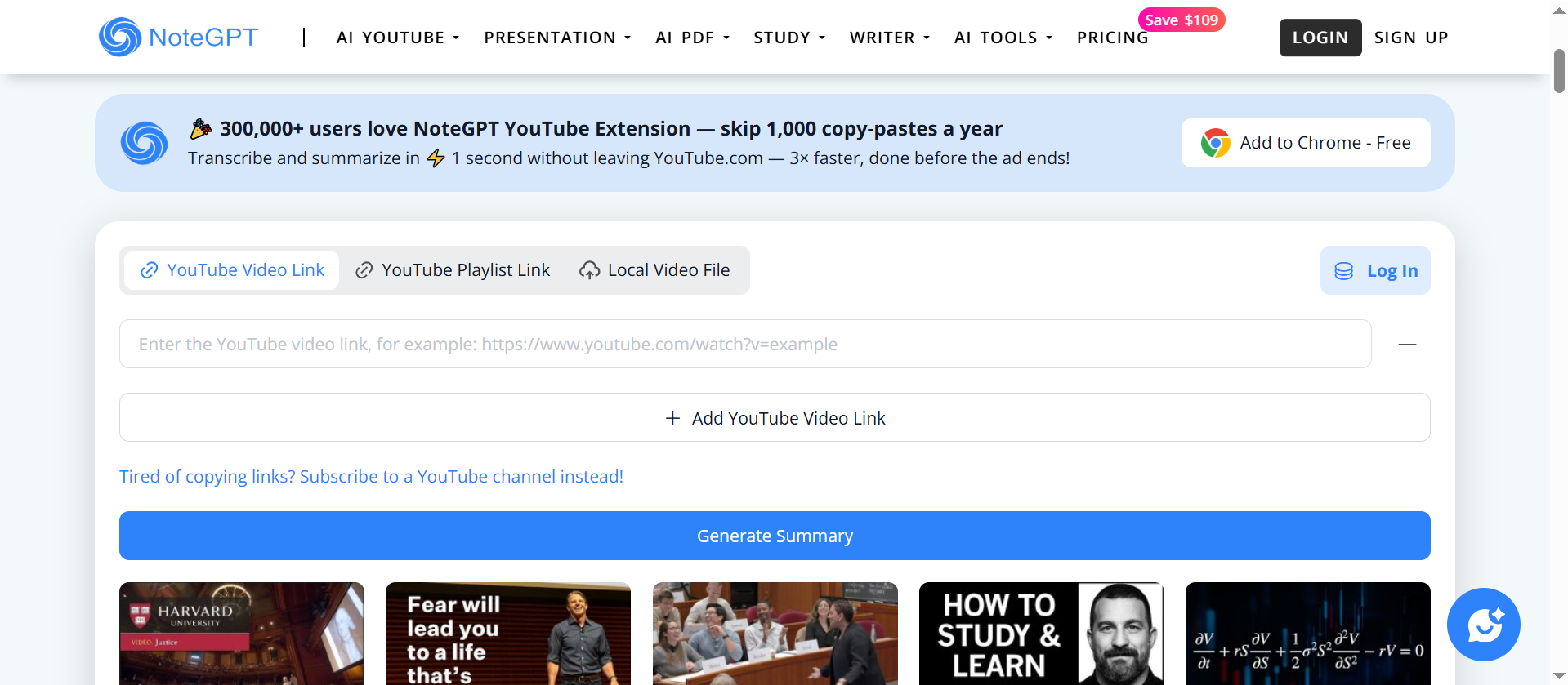 Schnittstelle von NoteGPT - der beste kostenlose YouTube-Videozusammenfasser