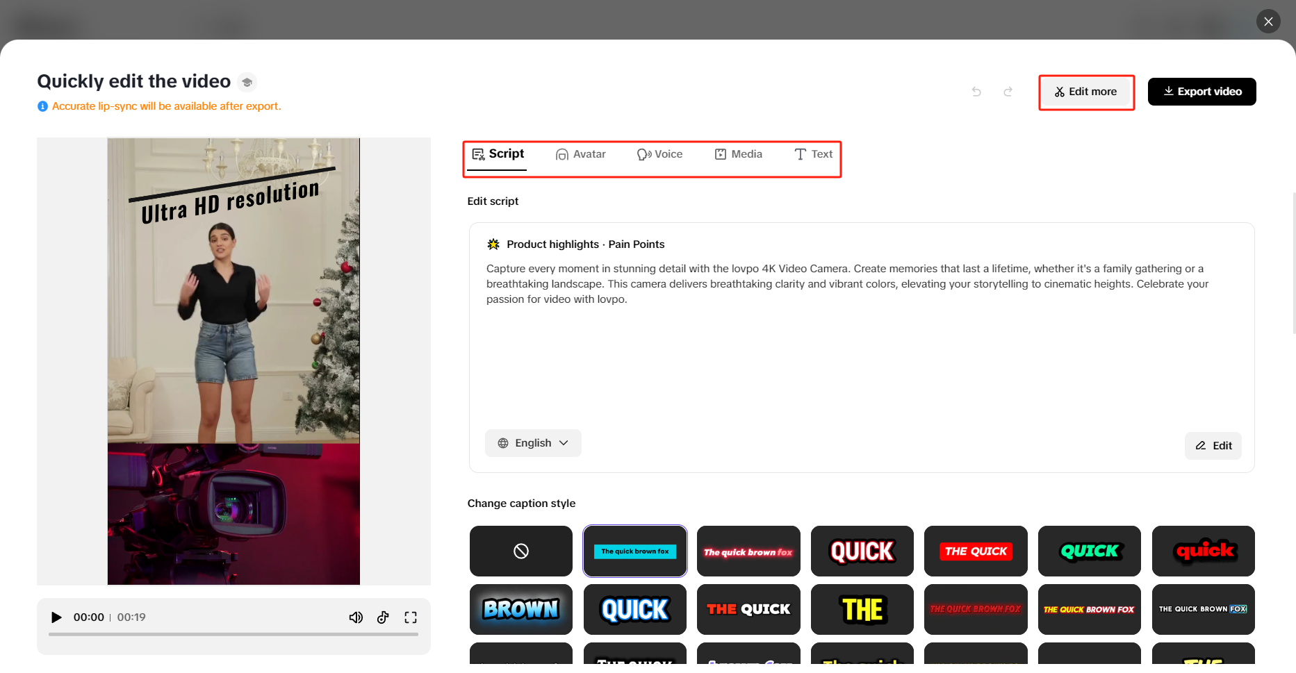 Modify scripti, text, avatar, voice or media