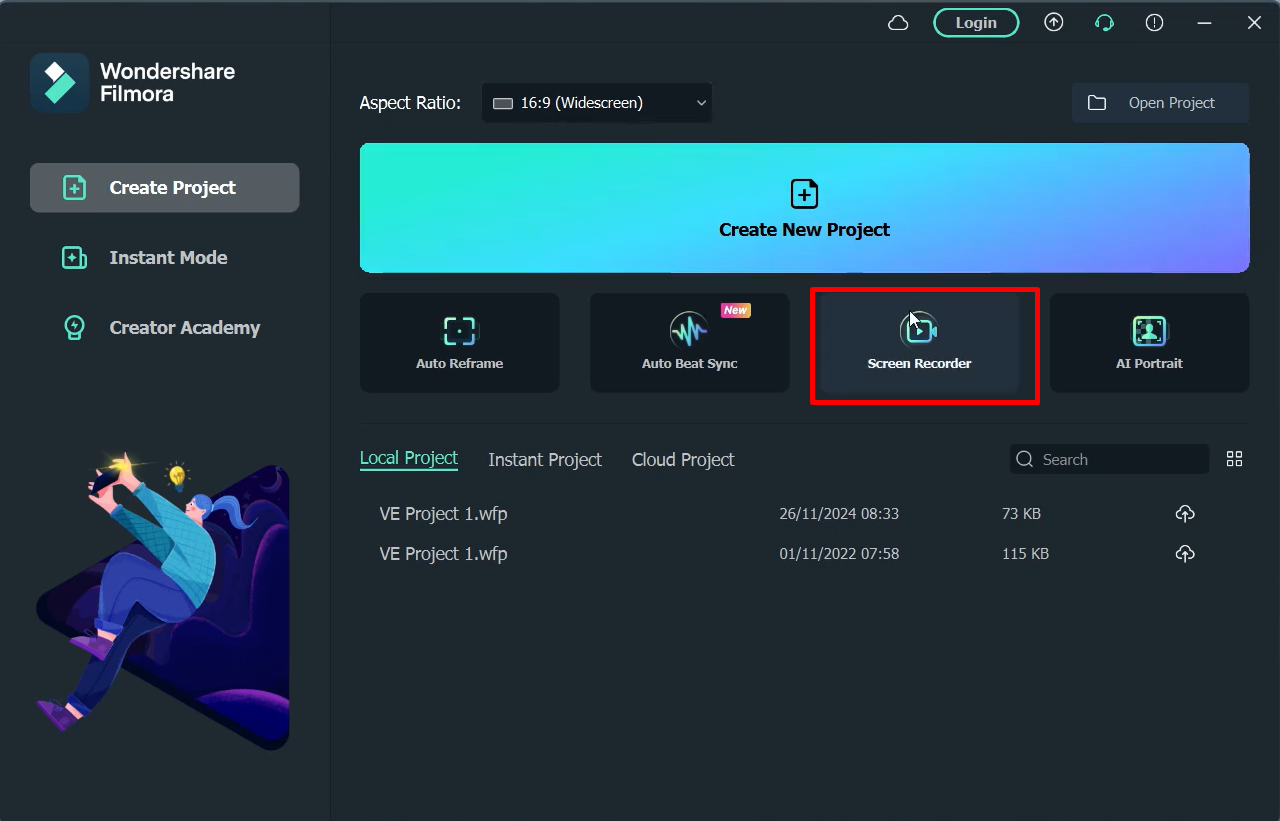 Image showing how to access the screen recording option in Filmora Screen