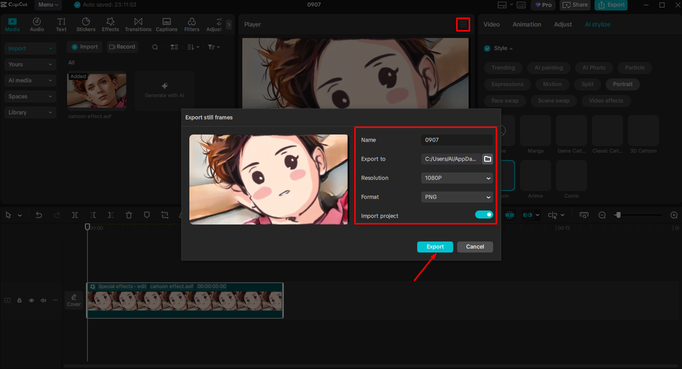 Export médií z editoru videa pro stolní počítače CapCut
