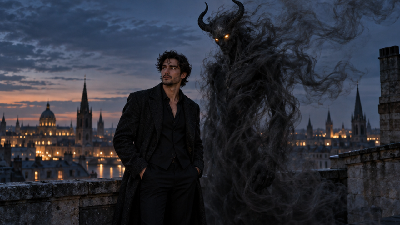 An adult creator standing beside a tall translucent horned smoke creature, creature clearly separate from the person, rooftop at blue hour, amber eyes in charcoal vapor