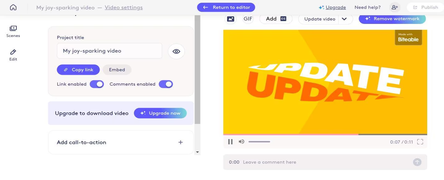 Interface of Biteable - the most liked tool to create free whiteboard animations