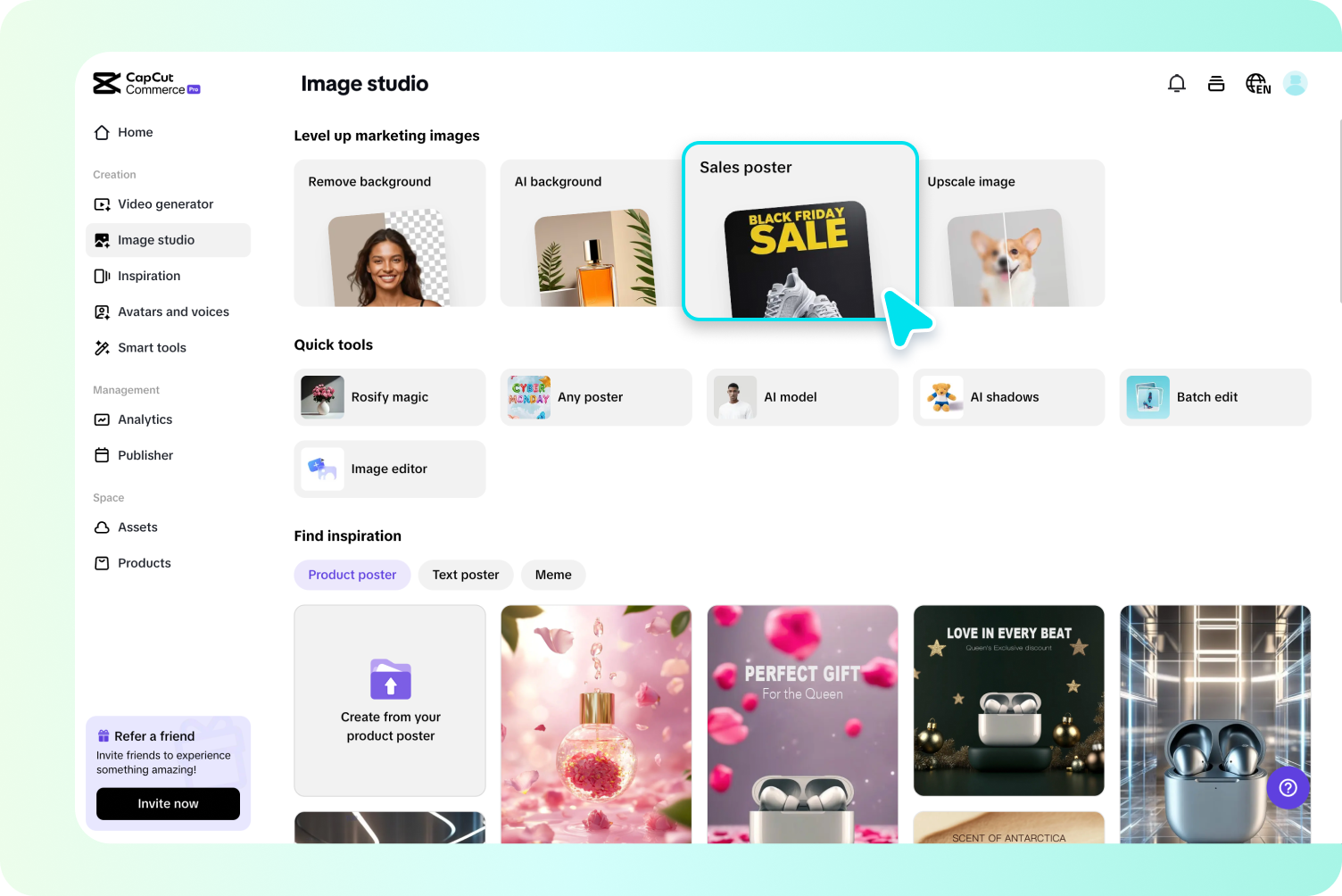Interface of Pippit's Image Studio, highlighting the 'Sales Poster' option and showcasing a template for a business promotion.