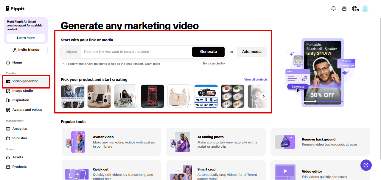 Gerando vídeo no Pippit