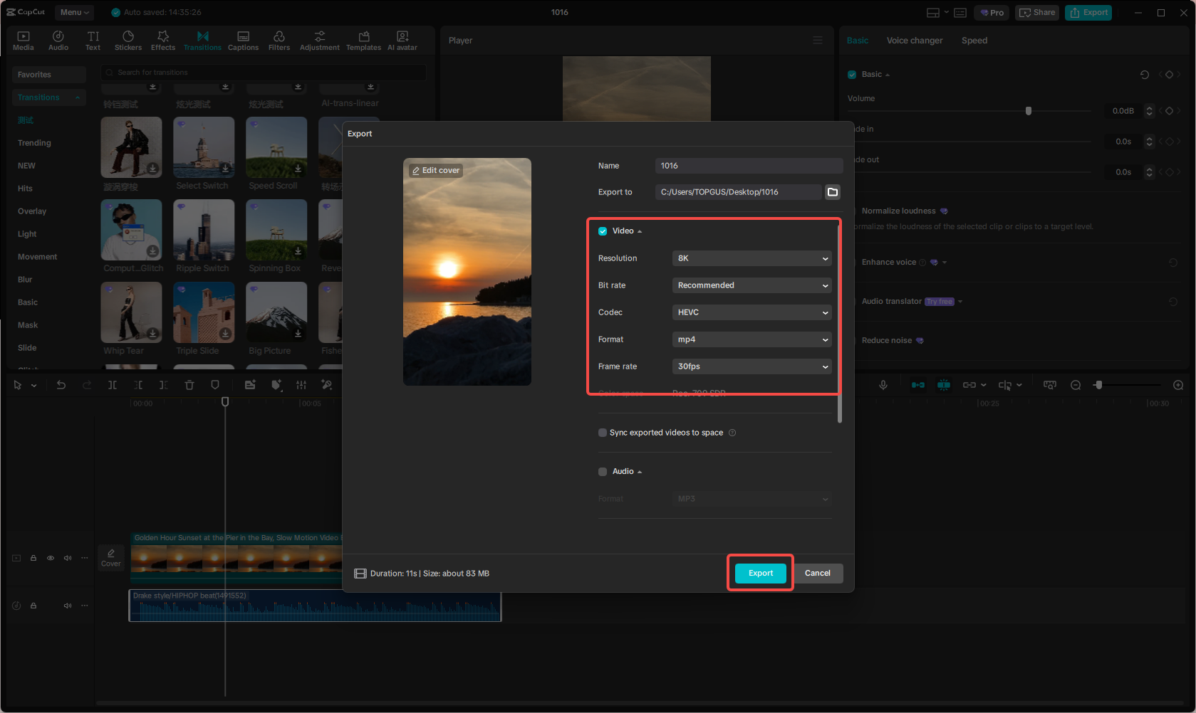 Export the video for Instagram