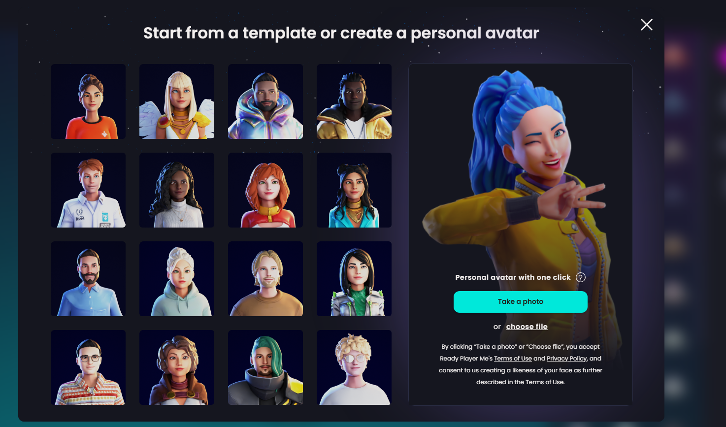 Access Ready Player Me and choose an avatar template