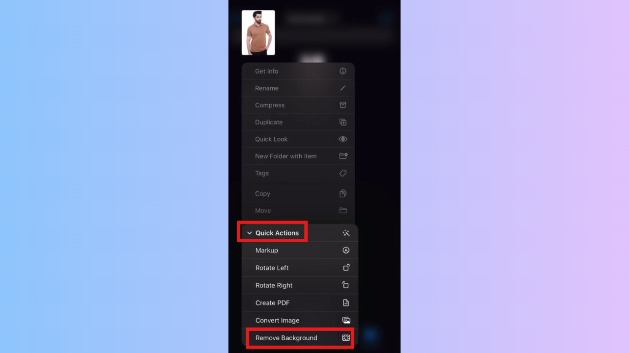 Click on Quick actions and remove background