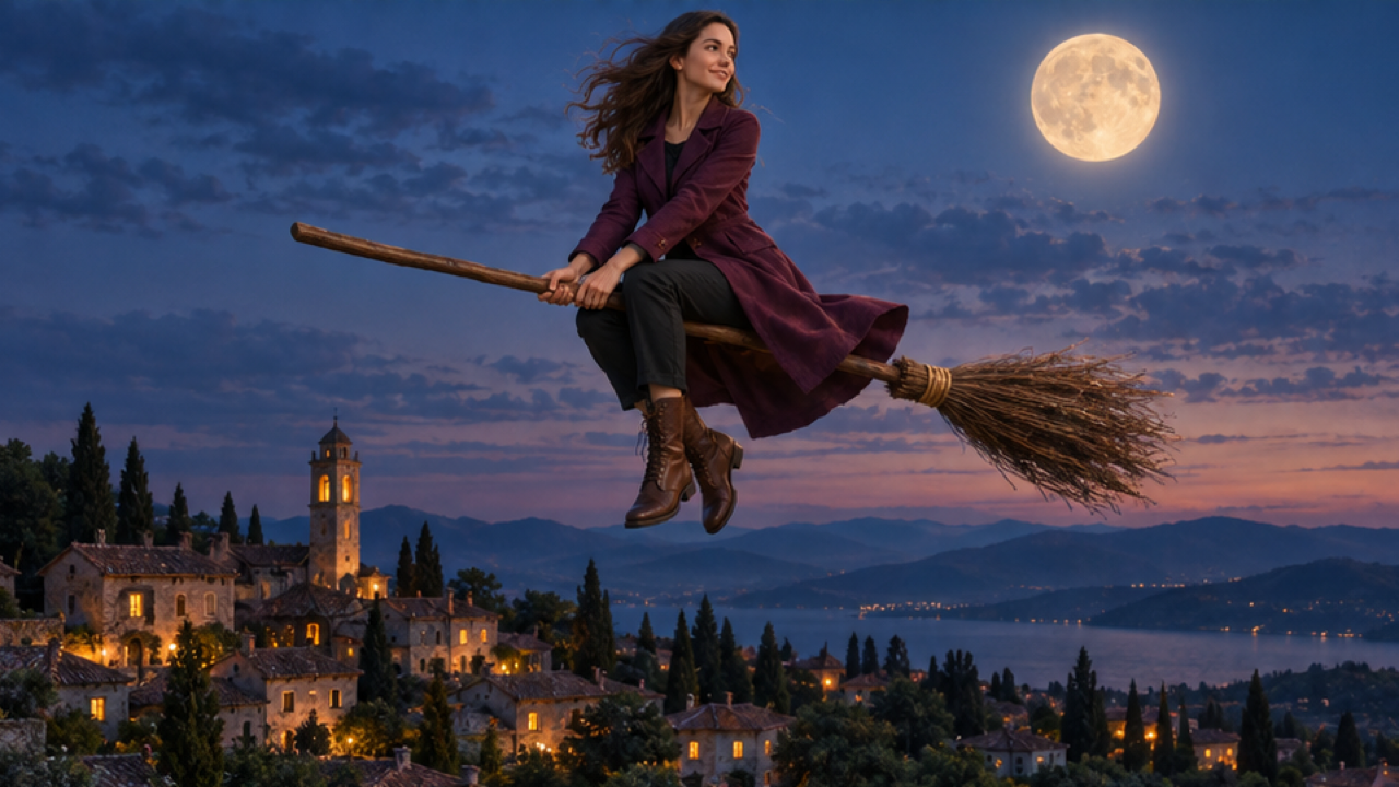 Cadru cheie cinematografic fotorealist premium 16: 9 STILL cu o femeie adultă originală într-o haină de prune, pantaloni negri și cizme maro așezate pe o mătură magică din lemn, cu ambele mâini ținând mânerul, într-un cer albastru întunecat deasupra unui sat pitoresc și o lună mare și moale. Păstrați călărețul întreg, mânerul complet al măturii și perii de mătură complet în interiorul compoziției. Materiale detaliate, anatomie coerentă, iluminare cinematografică echilibrată, separare curată a fundalului. O scenă coerentă, fără text, sigle, filigran.