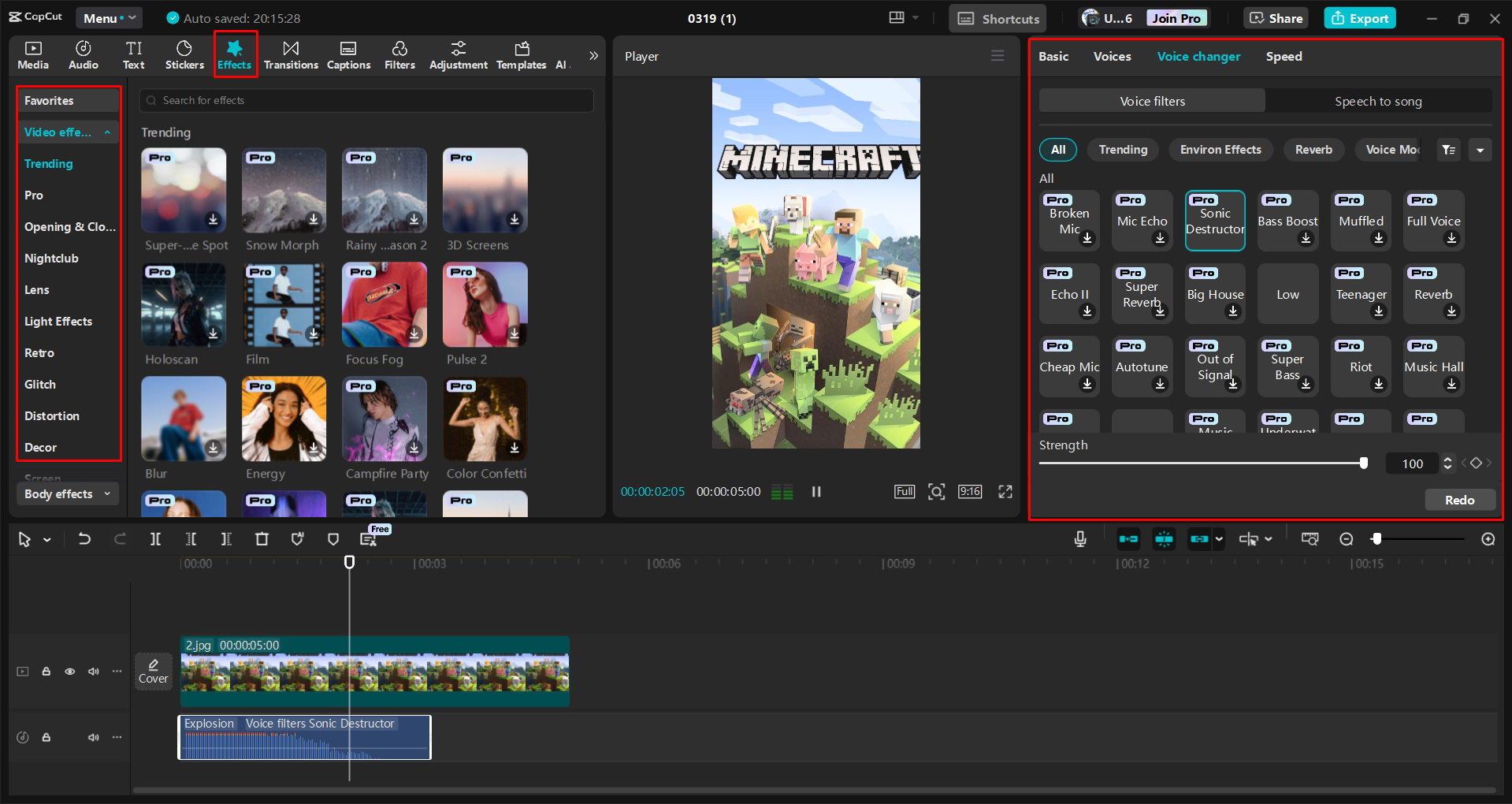 Editing a Minecraft YouTube Short in the CapCut desktop video editor