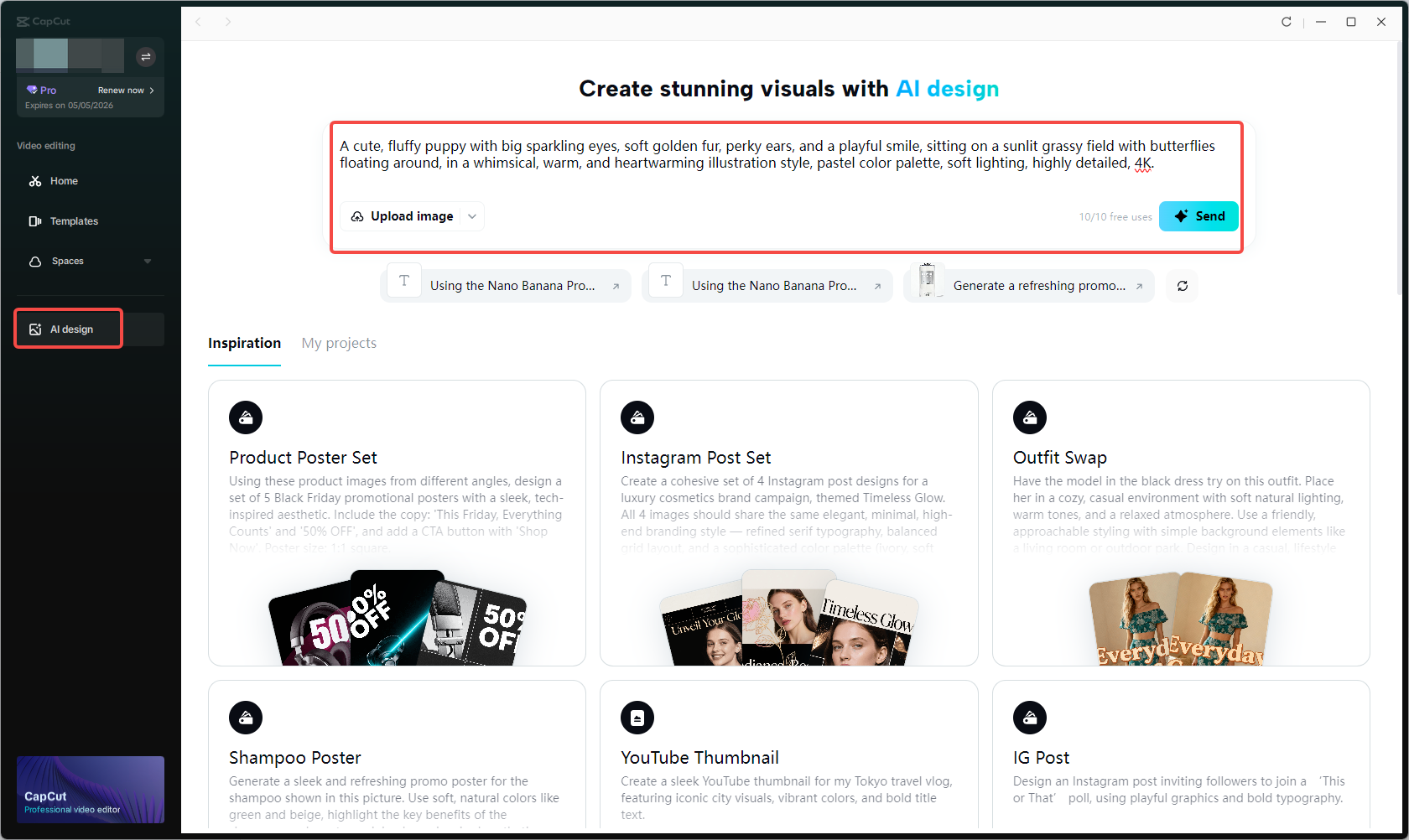 Accessing the AI design feature in CapCut and entering text prompts