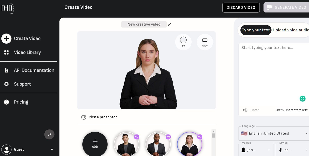 AI video generating interface of D-ID