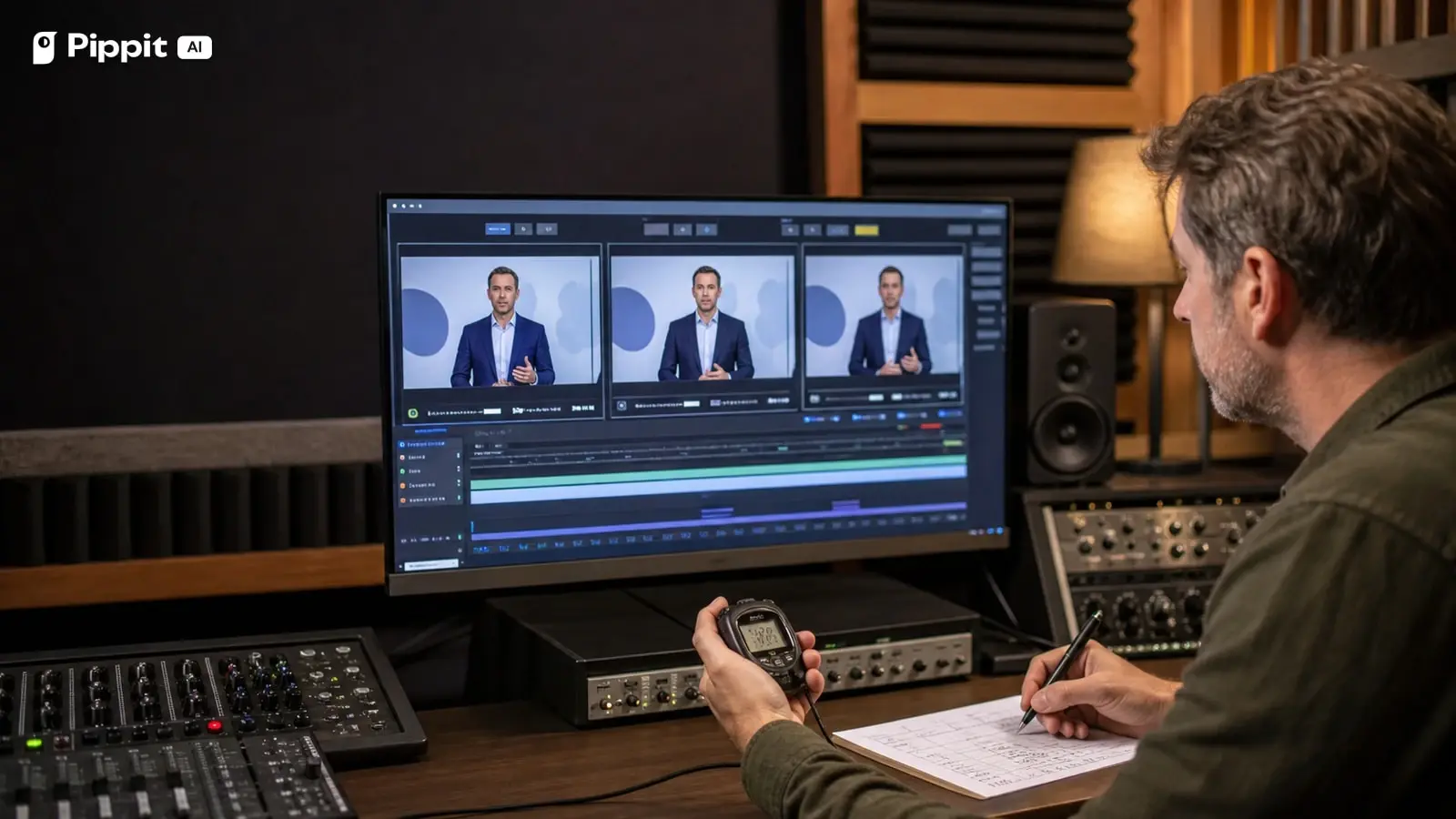 A producer times three versions of an avatar presentation in a realistic audio studio.