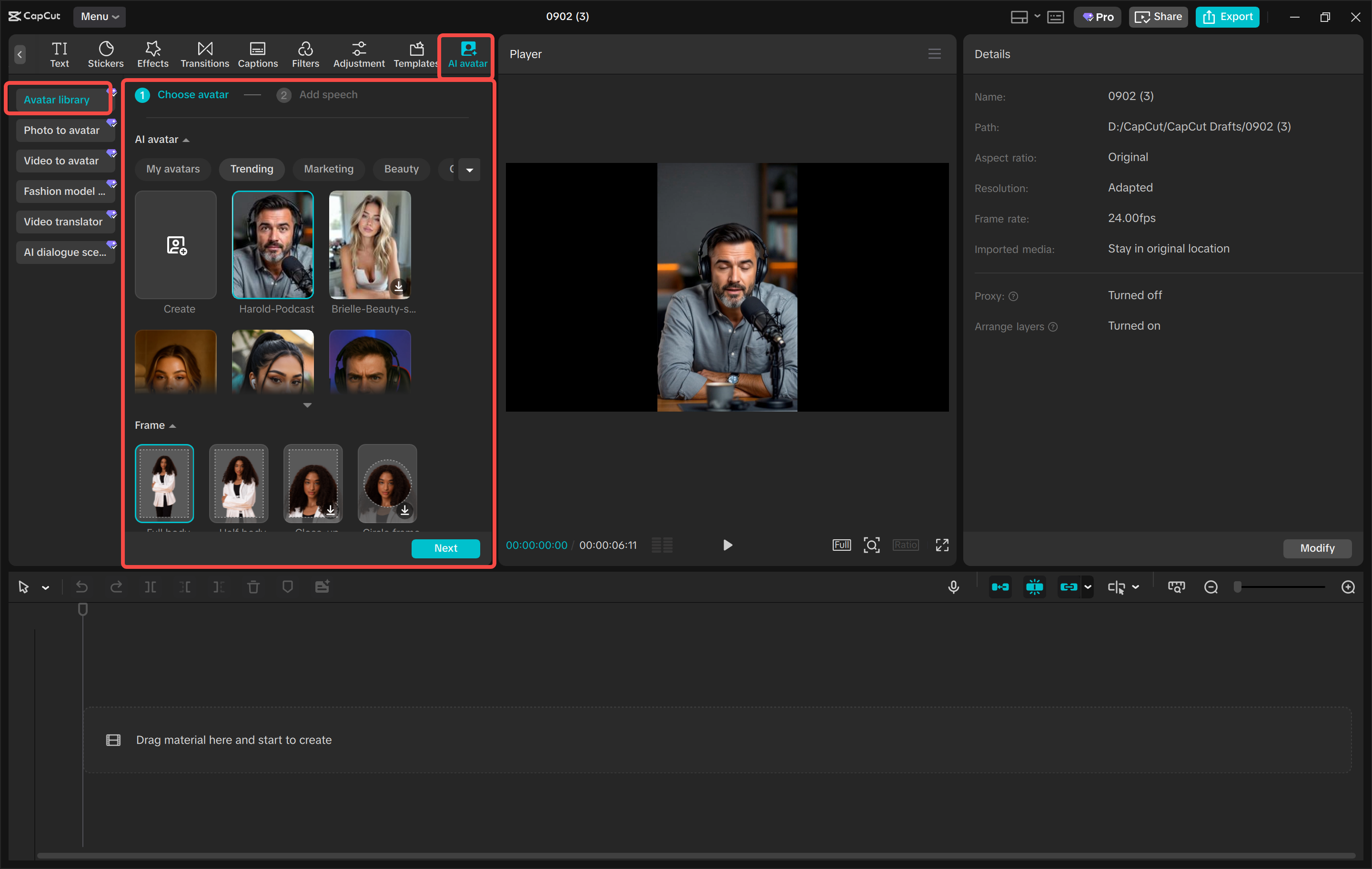 Accessing the AI avatar maker in the CapCut desktop video editor