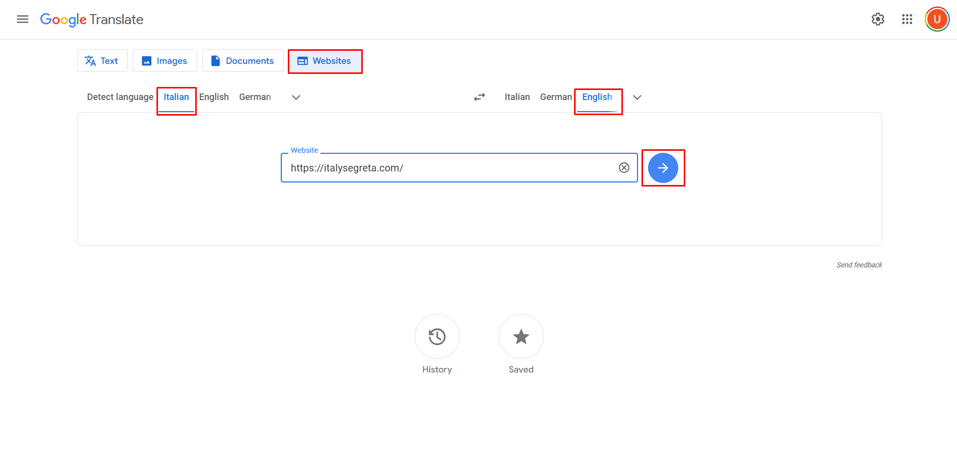 Showing how to translate Italian websites to English with Google Translate