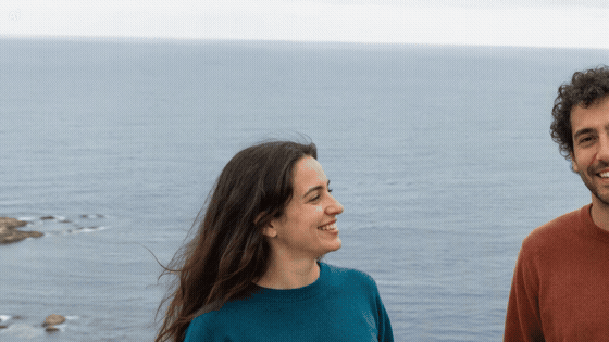 A swipe across two exported pages reveals the middle person's face divided between the right and left edges.